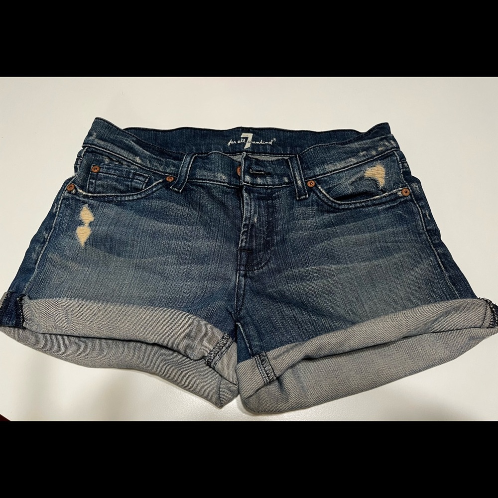 7 For All Mankind Blue Roll Up Jean Shorts with Rose Gold Label in size 26